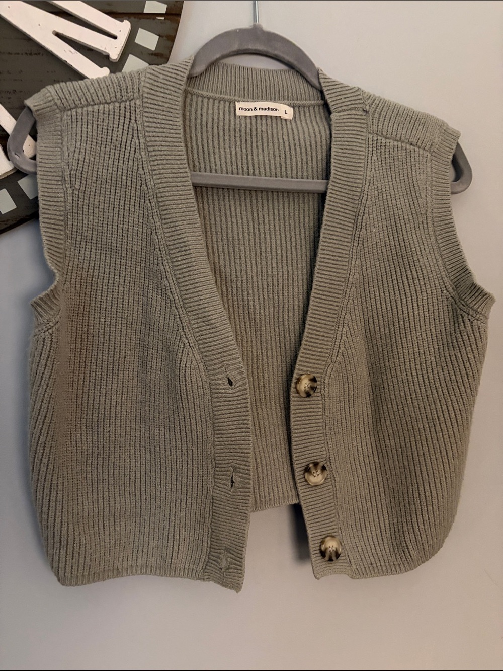 moon & madison Sage Gray sage cropped green Ribbed Button-Front Knit Vest